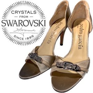 Pedro Garcia Swarovski buckle satin nude pump heel